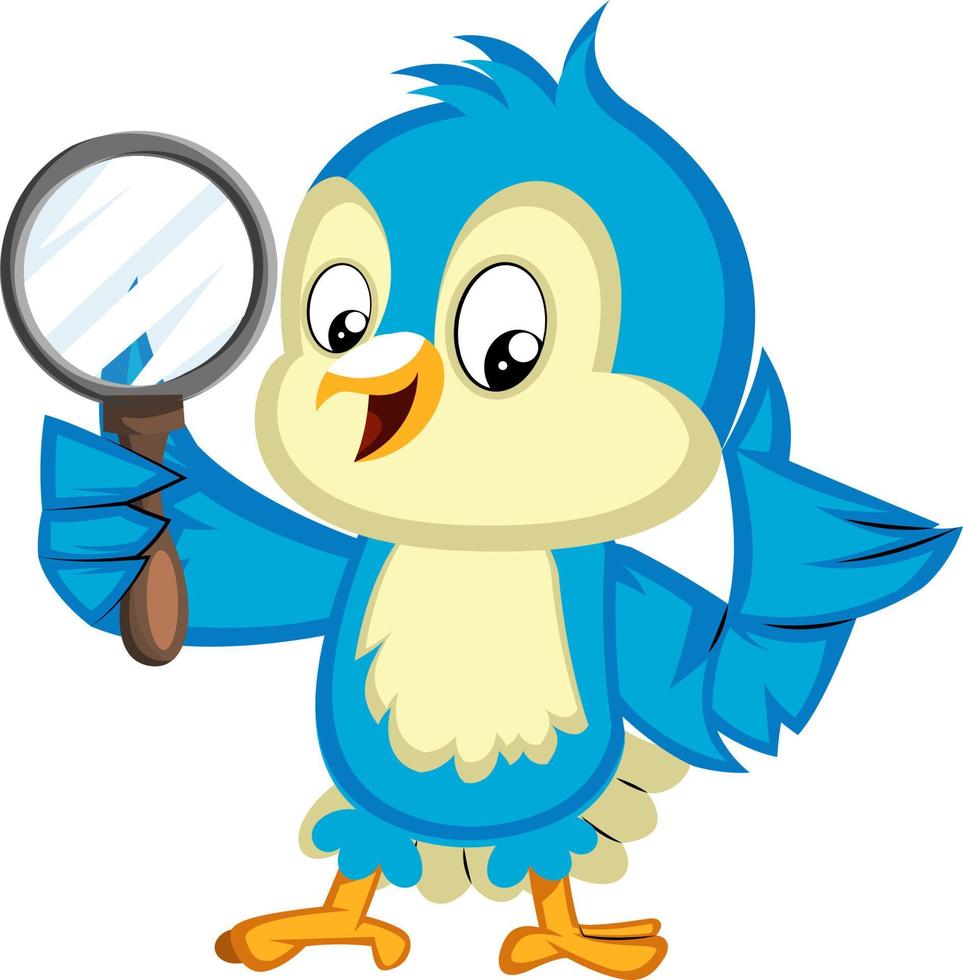 Blauer Vogel hält eine Lupe, Illustration, Vektor auf weißem Hintergrund.