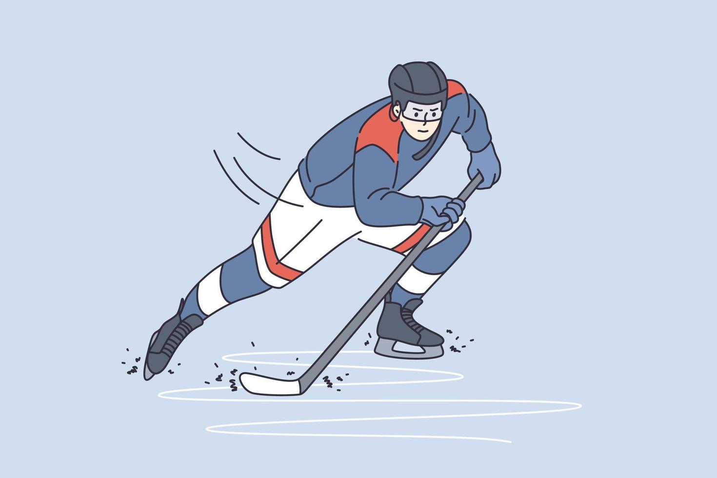 professionell sport och livsstil begrepp. ung man hockey spelare tecknad serie karaktär glidning på is med pinne i sporter enhetlig vektor illustration