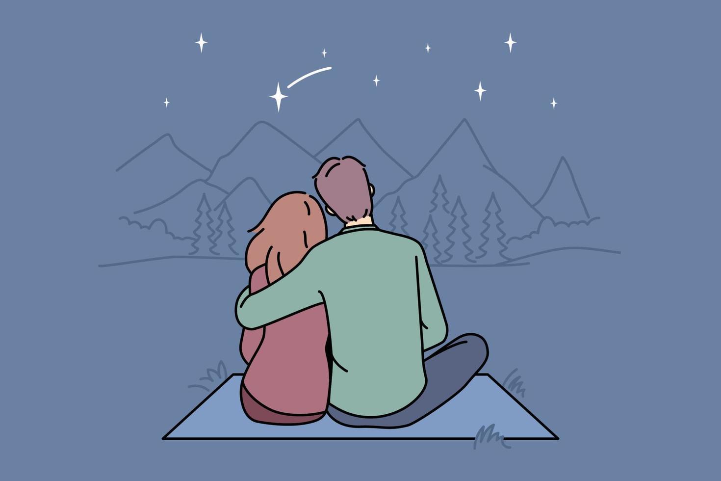 Lycklig par Sammanträde i bergen njuter avkopplande helgen tillsammans. man och kvinna kram i vild natur utomhus. vektor illustration.