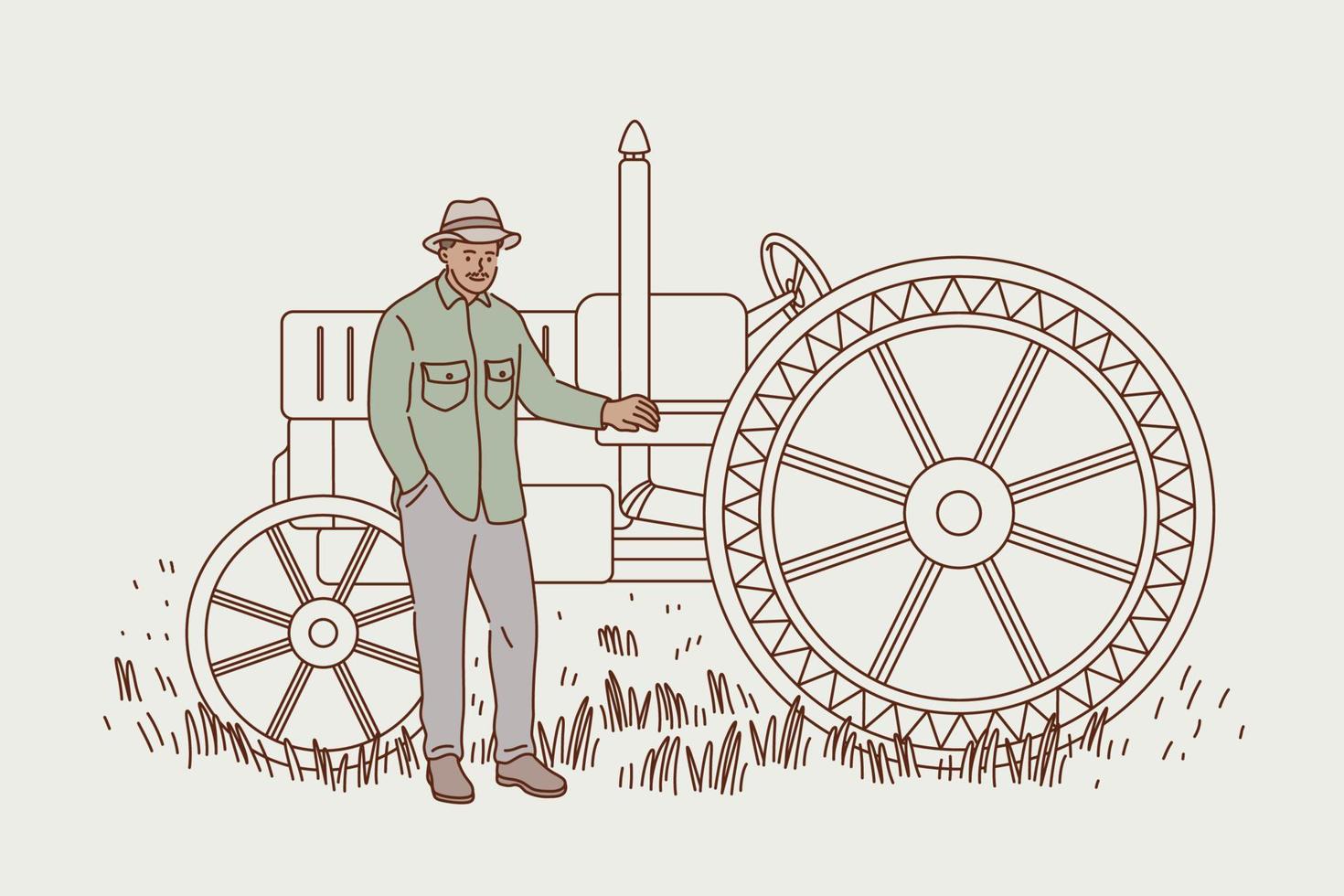 lantbruk och skörda begrepp. leende man tecknad serie karaktär jordbrukare jordbruks arbetstagare i hatt stående på gräs råg fält under skörd på maskin vektor illustration