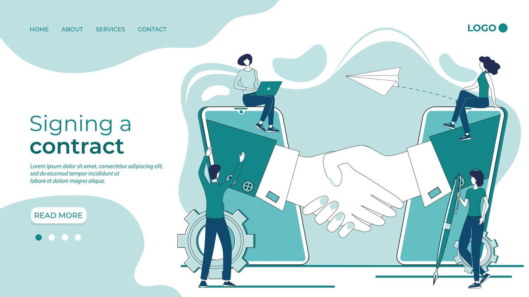 signering en kontrakt uppkopplad använder sig av din smartphone.handslag i de bakgrund av människor och en mobil telefon.den begrepp av en avtal, transaktion, och företag förhandlingar.landning sida mall. vektor