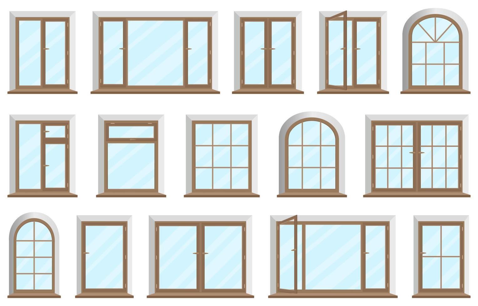 trä- och plast windows.set av fönster och ramar för Hem eller kontor med transparent glas.trä och PVC material för design element.platt vektor illustration.
