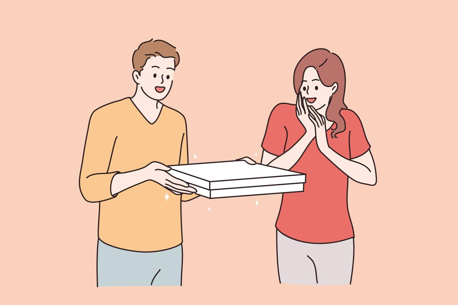 pizza beställa leverans begrepp. ung leende positiv man och kvinna stående med beordrade levereras pizza mat och känsla Lycklig hungrig vektor illustration