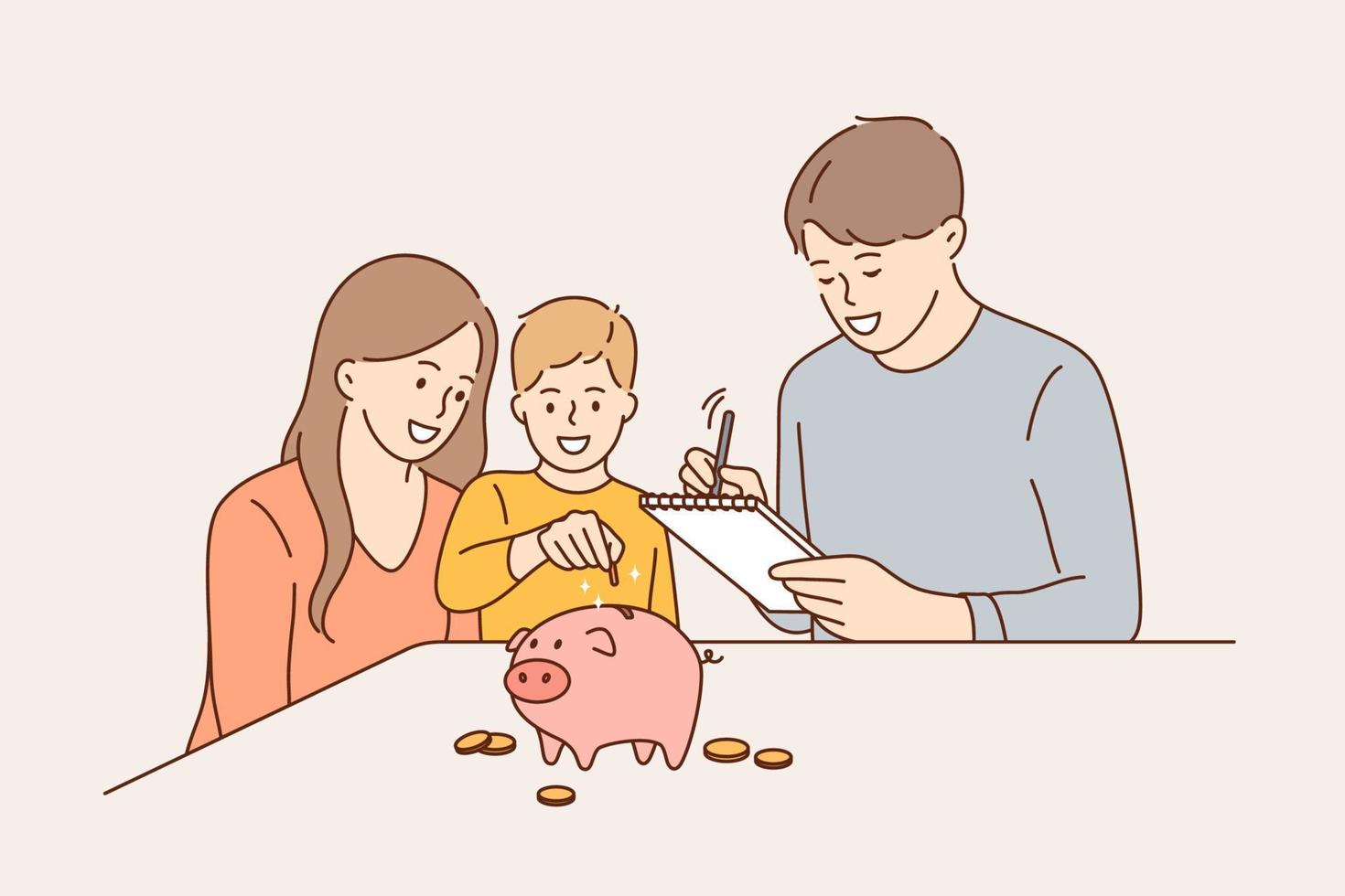 familienbudget und geldsparkonzept. junge positive familie mit kinderjungenzeichentrickfiguren, die sitzen und münzen in das rosa sparschwein legen, um einkommensvektorillustration zu sparen vektor