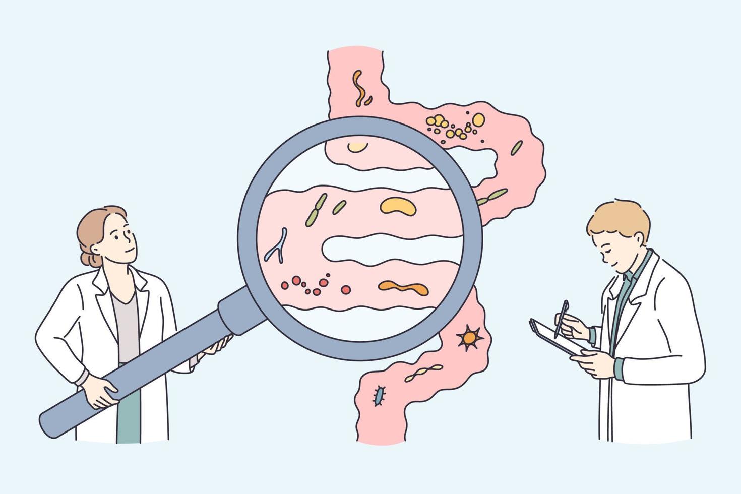 sjukvård och friska näring begrepp. ung vetenskapsmän studerar mag-tarmkanalen tarmkanalen och matsmältnings systemet håller på med analys av mage mikroorganismer vektor illustration