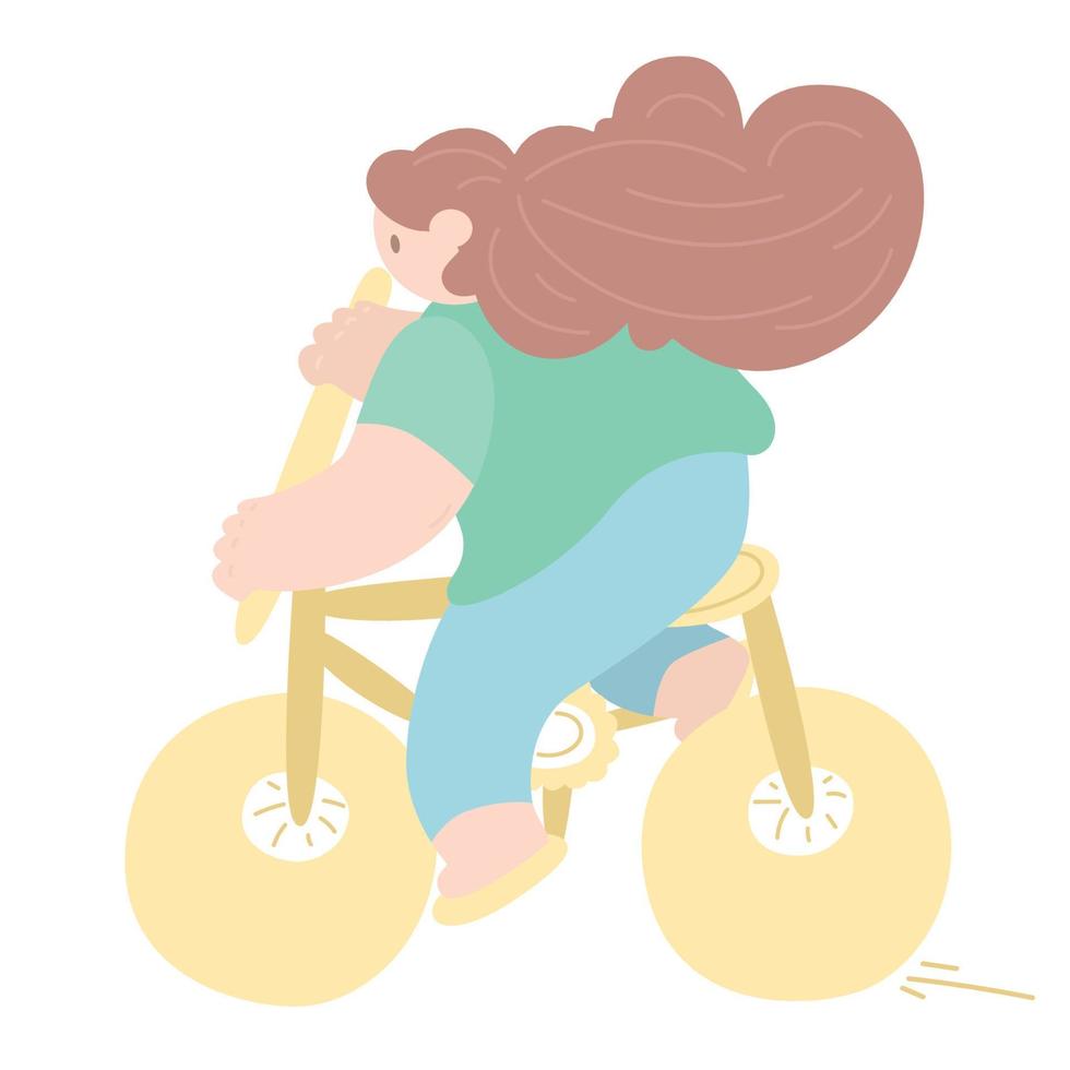 ung leende flicka ridning på cykel med lång hår. kvinna ridning cykel. begrepp av grön livsstil. platt vektor illustration. utomhus- aktivitet