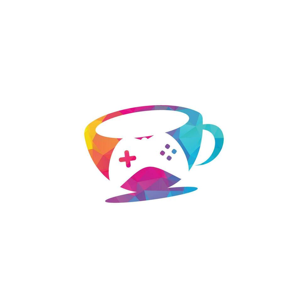 Spielcafé-Logo. spielknopf auf kaffeetasse mit typografischem vektor
