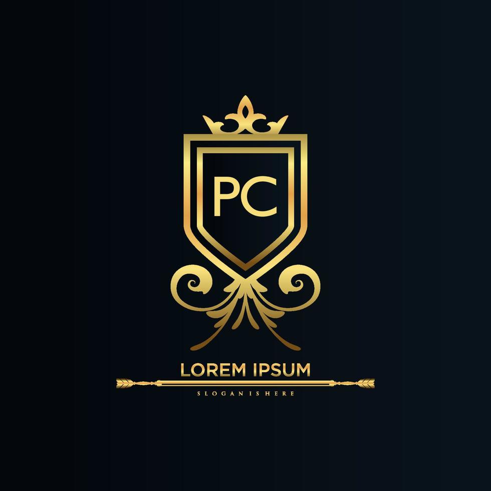 pc brev första med kunglig mall.elegant med krona logotyp vektor, kreativ text logotyp vektor illustration.