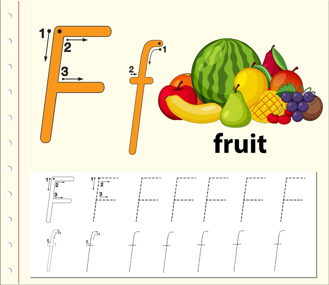 bokstaven f spårar alfabetets kalkylblad med frukt vektor