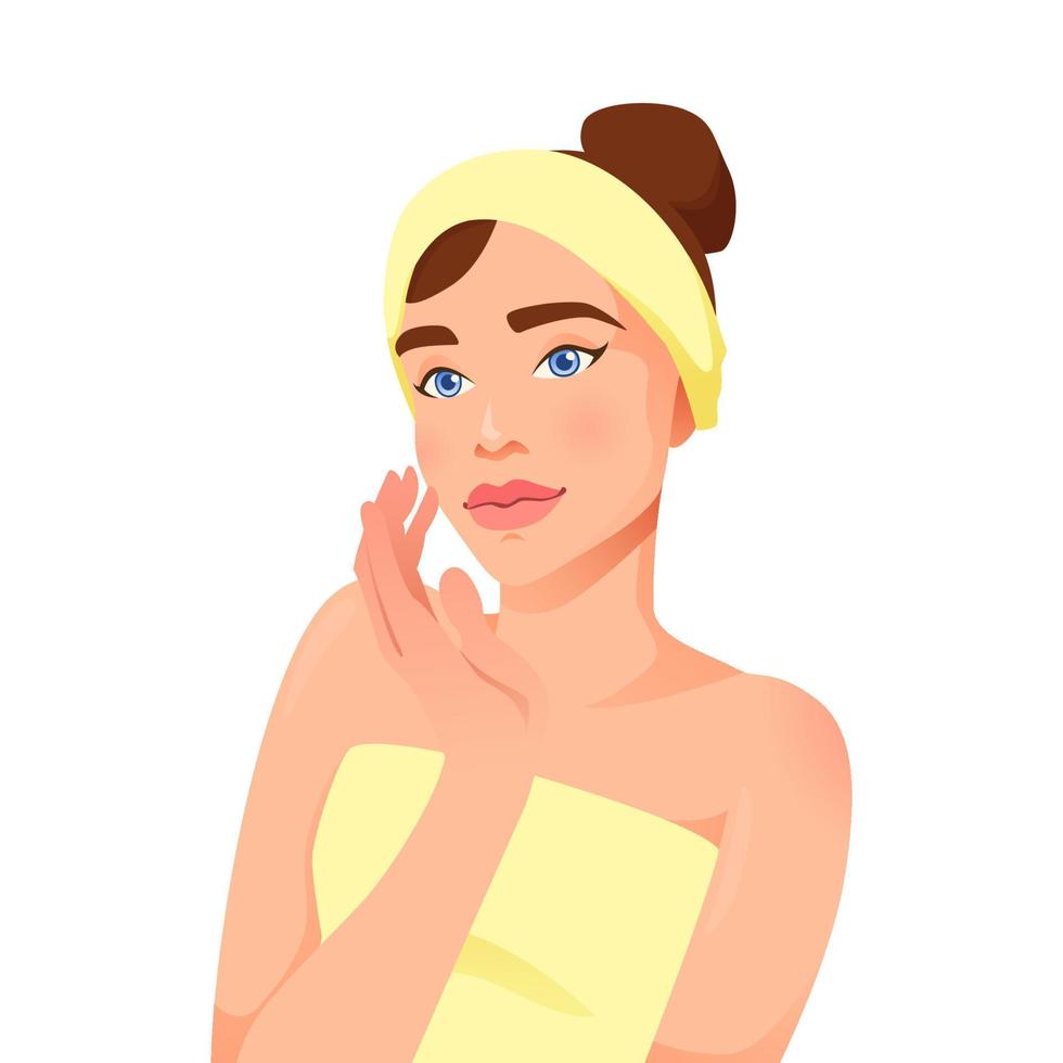 Schönheitsfrau mit sauberer Hautpflege im Cartoon-Stil. Vektor-Illustration isoliert auf weißem Hintergrund. vektor