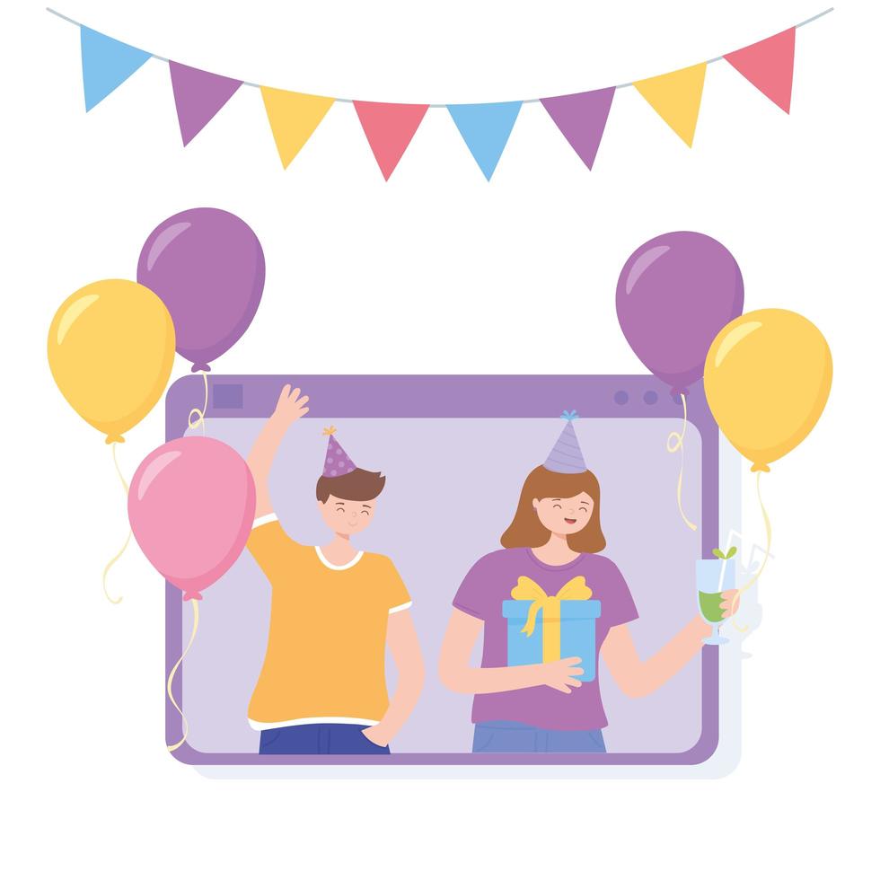 Online-Party. Videoanruf mit fröhlichen Menschen feiern vektor