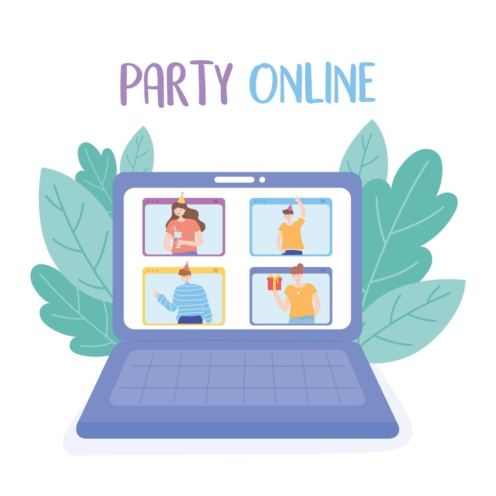 Online-Party. Laptop-Videoanruf mit Menschenfeier vektor