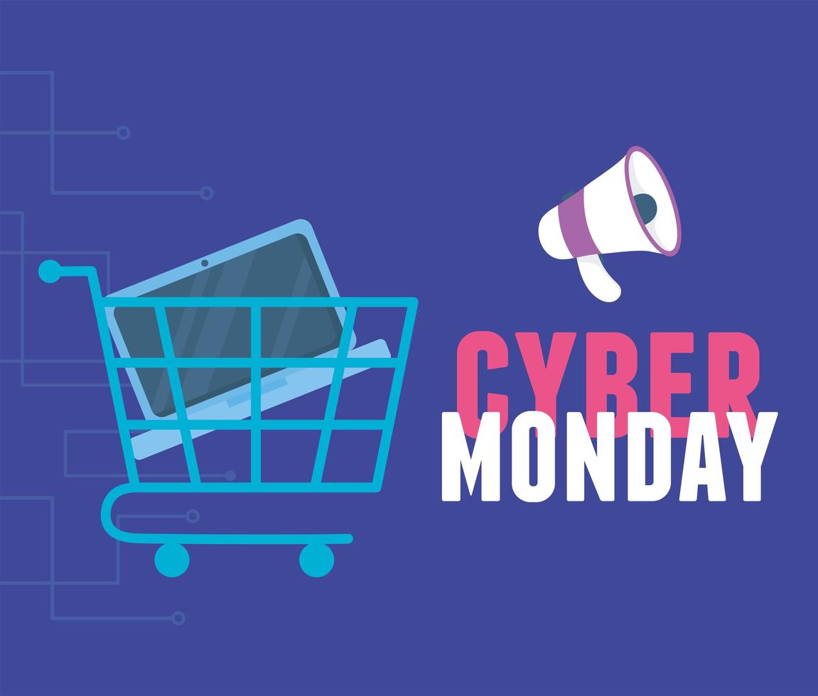 Cyber Montag. Einkaufswagen mit Laptop und Megaphon vektor