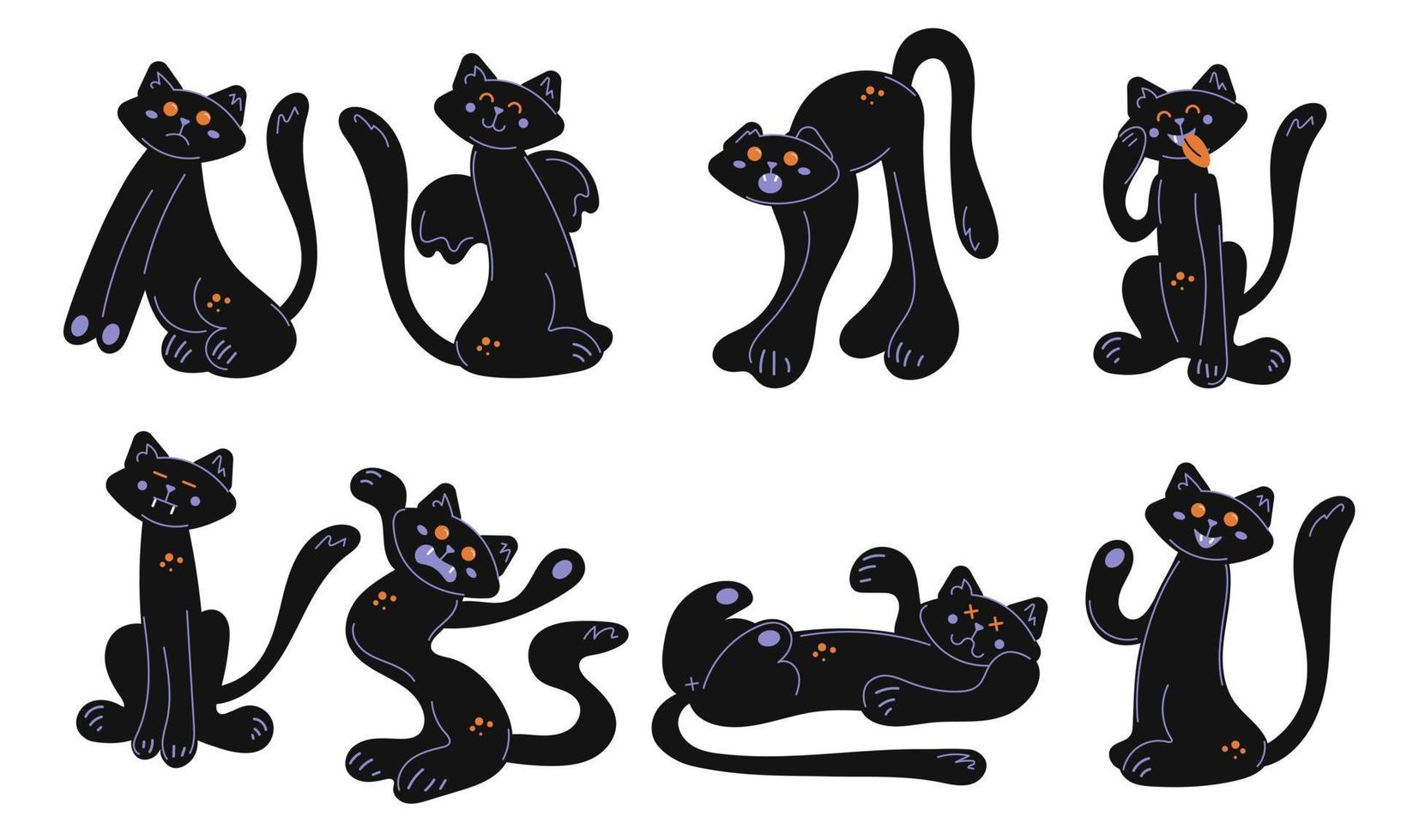 Set mit Halloween-Katzen. Acht süße schwarze Katzen, die unterschiedliche Emotionen darstellen. ideal für Aufkleber, T-Shirt-Drucke, dekorative Verzierungen. vektor