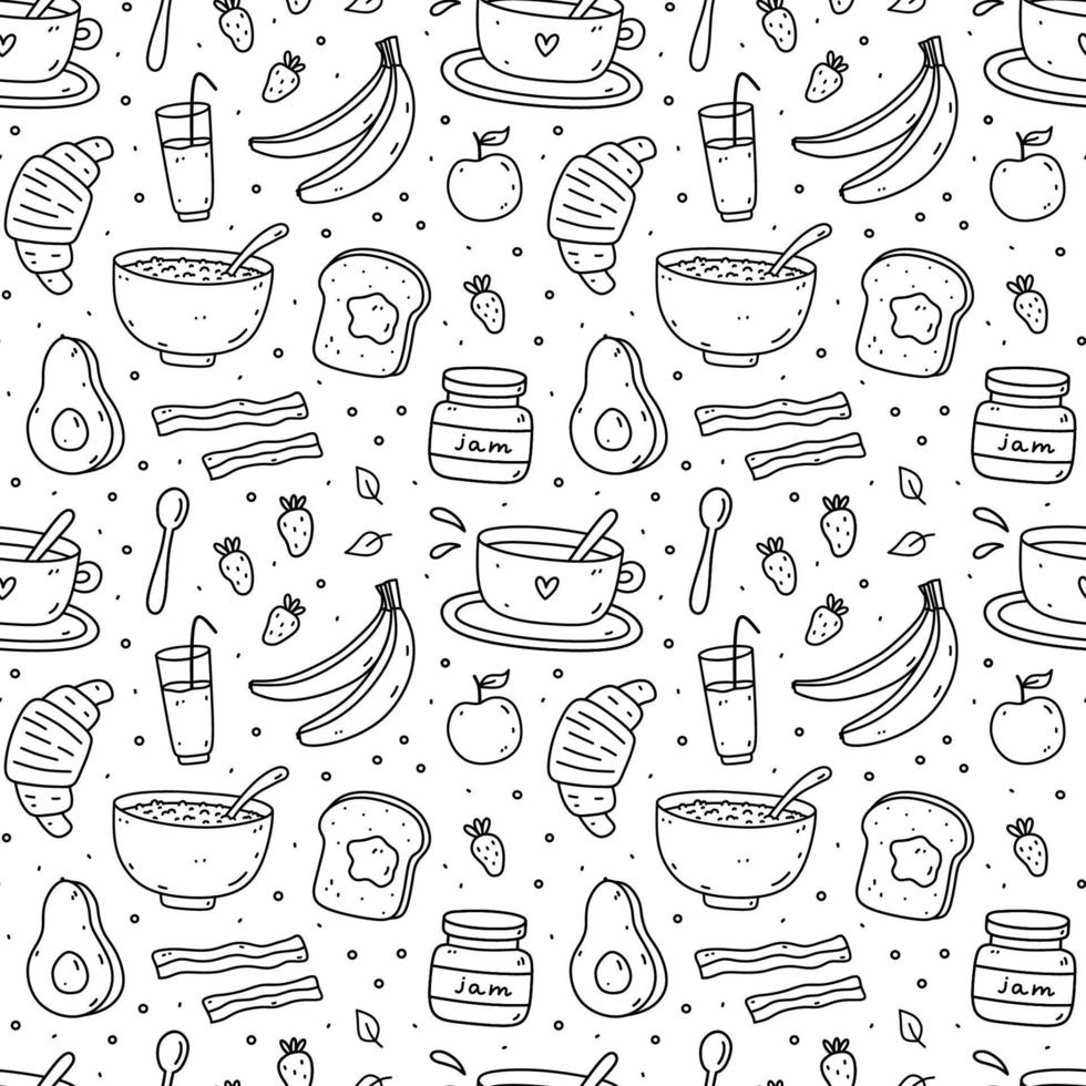 süßes nahtloses muster mit frühstücksnahrung - haferflocken, toast, marmelade, kaffee, croissant, avocado, speck, früchte. handgezeichnete Vektorgrafik im Doodle-Stil. perfekt für Druck, Geschenkpapier, Tapeten vektor