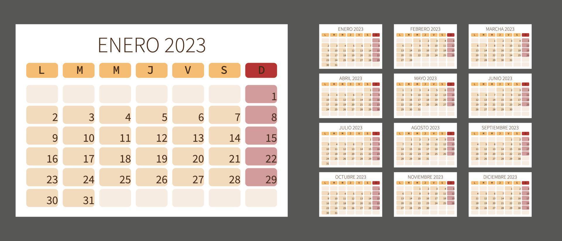 Spanischer Kalender 2023. Planer-Vorlage. kalenderlayout mit 12 monaten.horizontalem monatlichem schreibtischtagebuch. Vektor einfache Illustration