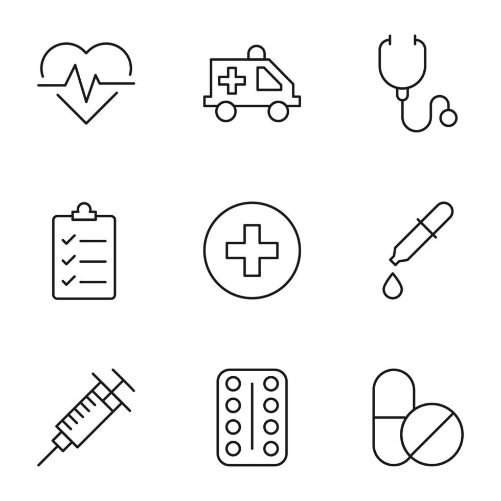 uppsättning av modern översikt symboler för internet butiker, butiker, banderoller, annonser. vektor isolerat linje ikoner av puls, ambulans, stetoskop, läkare, medicinsk recept