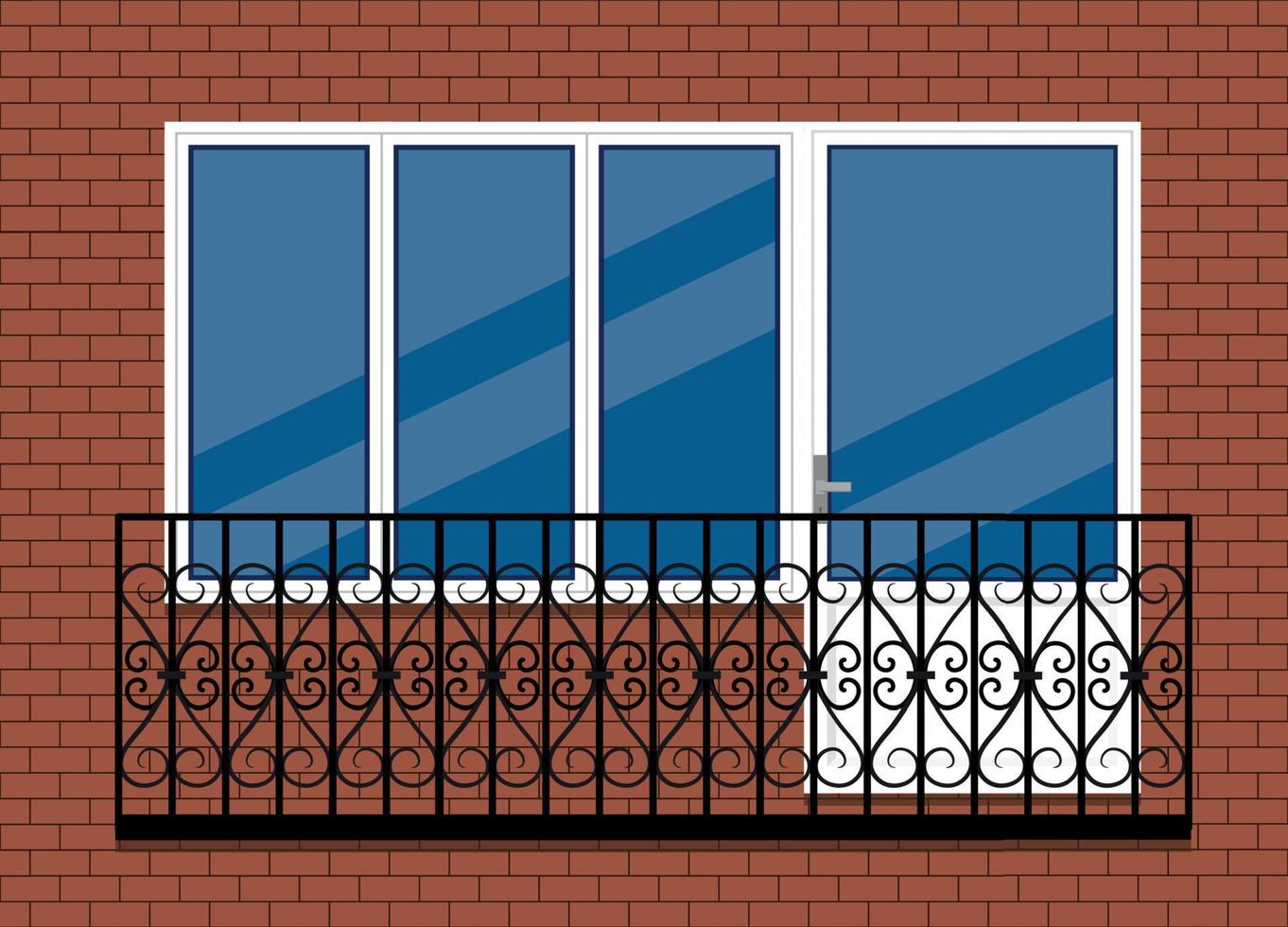 weißes kunststoff-pvc-fenster mit tür und balkon mit balkonschiene aus schwarzem metall, frontansicht. getrennt auf einem roten braunen Backsteinmauerhintergrund. flaches Design im Cartoon-Stil. vektor