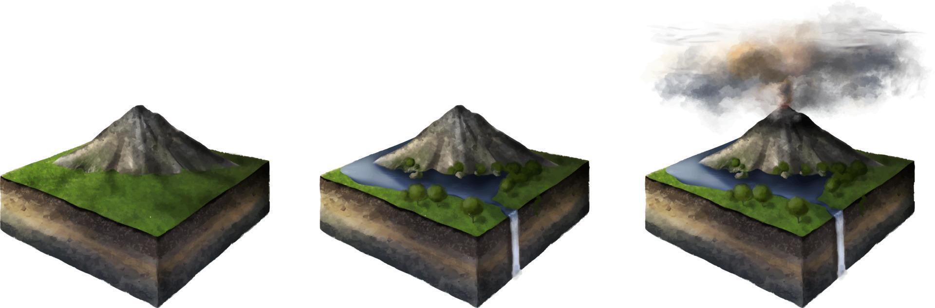 Isometrische Karte des virtuellen Geländes mit einem 3D-Vulkan für Infografiken auf transparentem Hintergrund. Vektor Aquarellzeichnung.