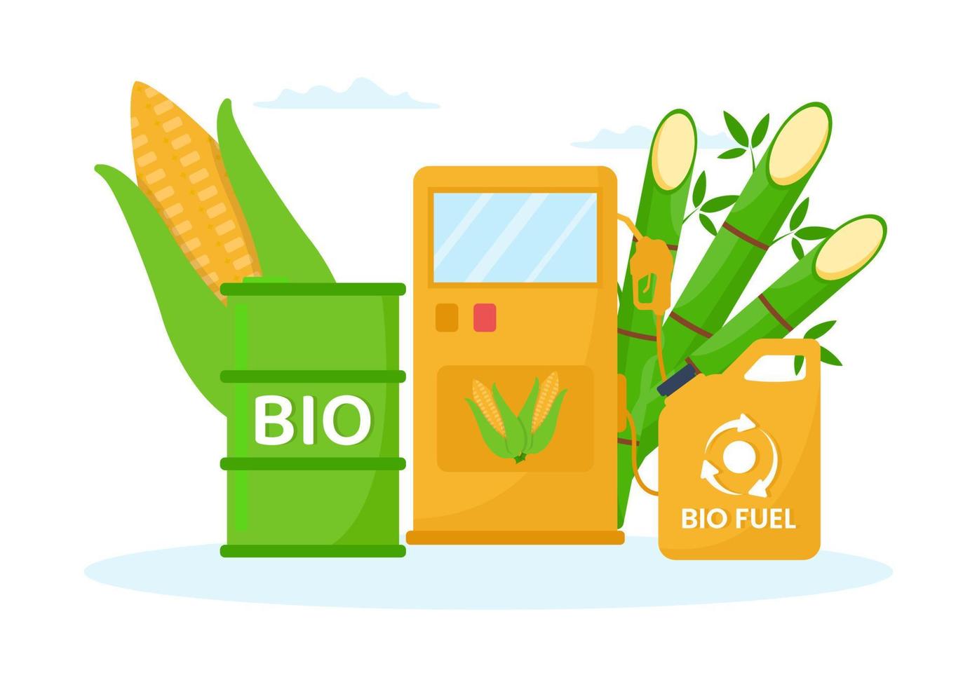 biokraftstoff-lebenszyklus von natürlichen materialien und pflanzen mit grünen fässern oder biogasproduktionsenergie in flachen handgezeichneten vorlagenillustrationen der karikatur vektor