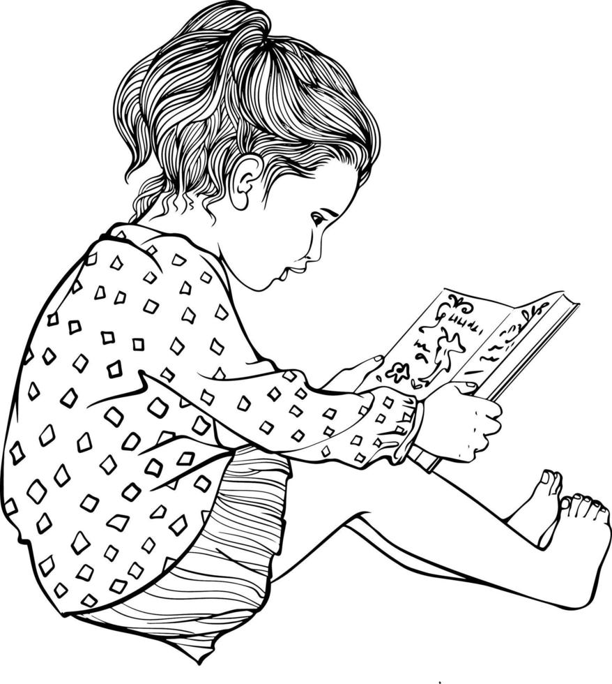 Mädchen liest eine Buchskizze. Schwarz-Weiß-Vektorzeichnung. zum Ausmalen und Gestalten von Büchern. vektor