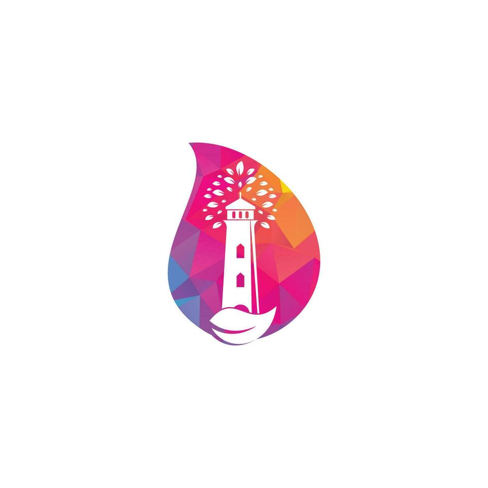 grüner leuchtturm tropfenform konzept logo template design. Blatt- und Leuchtturm-Logo-Vorlage vektor