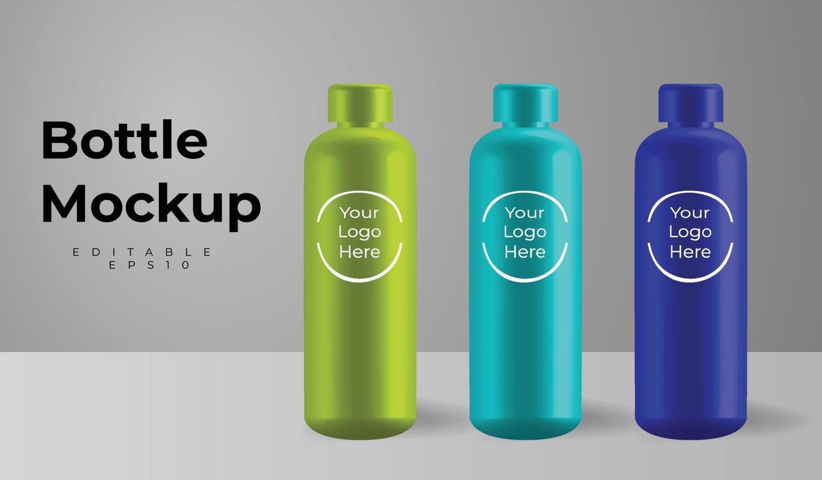 Designvorlage für Verpackungsmockup, realistische 3D-grüne, hellblaue und dunkelblaue, leere, glänzende, wiederverwendbare Wasserflasche aus Metall, isoliert auf dem Hintergrund. vektor
