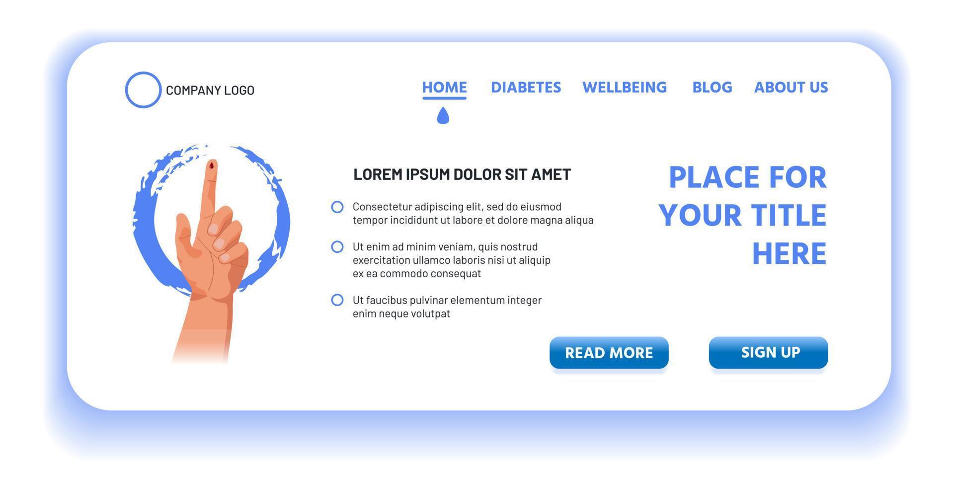 Landing Page oder App für Diabetesaufklärung. Blutzuckerspiegel-Testsymbol, Hand in grungy blauem Ring, mit Blutstropfen am Zeigefinger. Gesundheitskonzept vektor