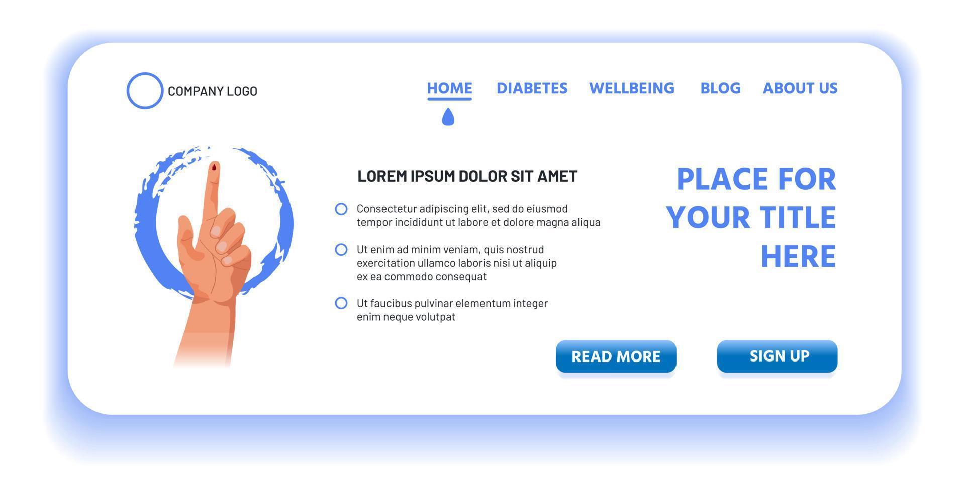 landning sida eller app för diabetes medvetenhet. blod glukos nivå testning symbol, hand i grungy blå ringa, med blod släppa på pekfinger. sjukvård begrepp vektor