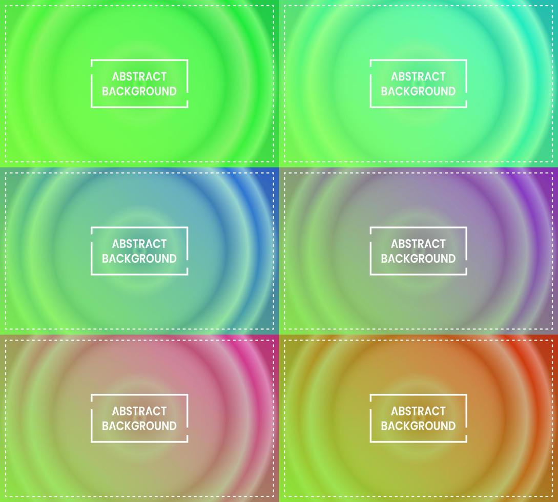 sechs Sätze hellgrüner Kreis radialer Farbverlauf abstrakter Hintergrund mit Rahmen. Unschärfe, glänzend, modern und Farbstil. blau, lila, rosa und rot. Verwendung für Homepage, Hintergrund, Hintergrundbild, Banner oder Flyer vektor