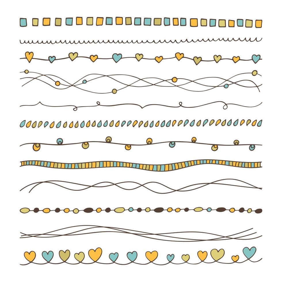 vektor uppsättning av färgad hand dragen gränser. klotter rader samling för din design. söt trendig dekorativ element. kurvor dekorerad med cirklar, virvlar, hjärtan. dekor mall utrustning i platt stil