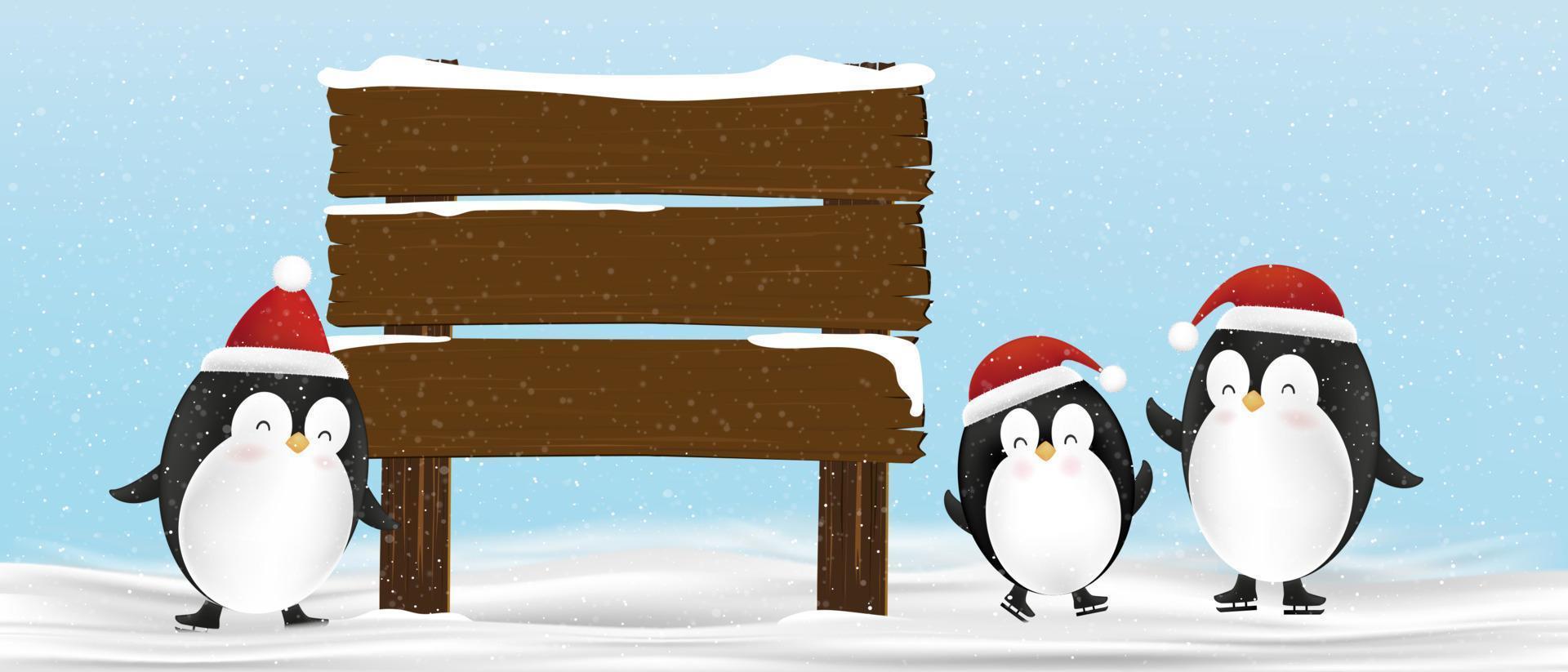 Winterszenengruppe süßer Pinguine, die mit Holzschild stehen, Vektor-lustige Pinguin-Cartoon-Figur mit rotem Weihnachtshut, die Eislaufen auf Schnee, Weihnachten und Neujahr 2023-Grußkarte spielt vektor