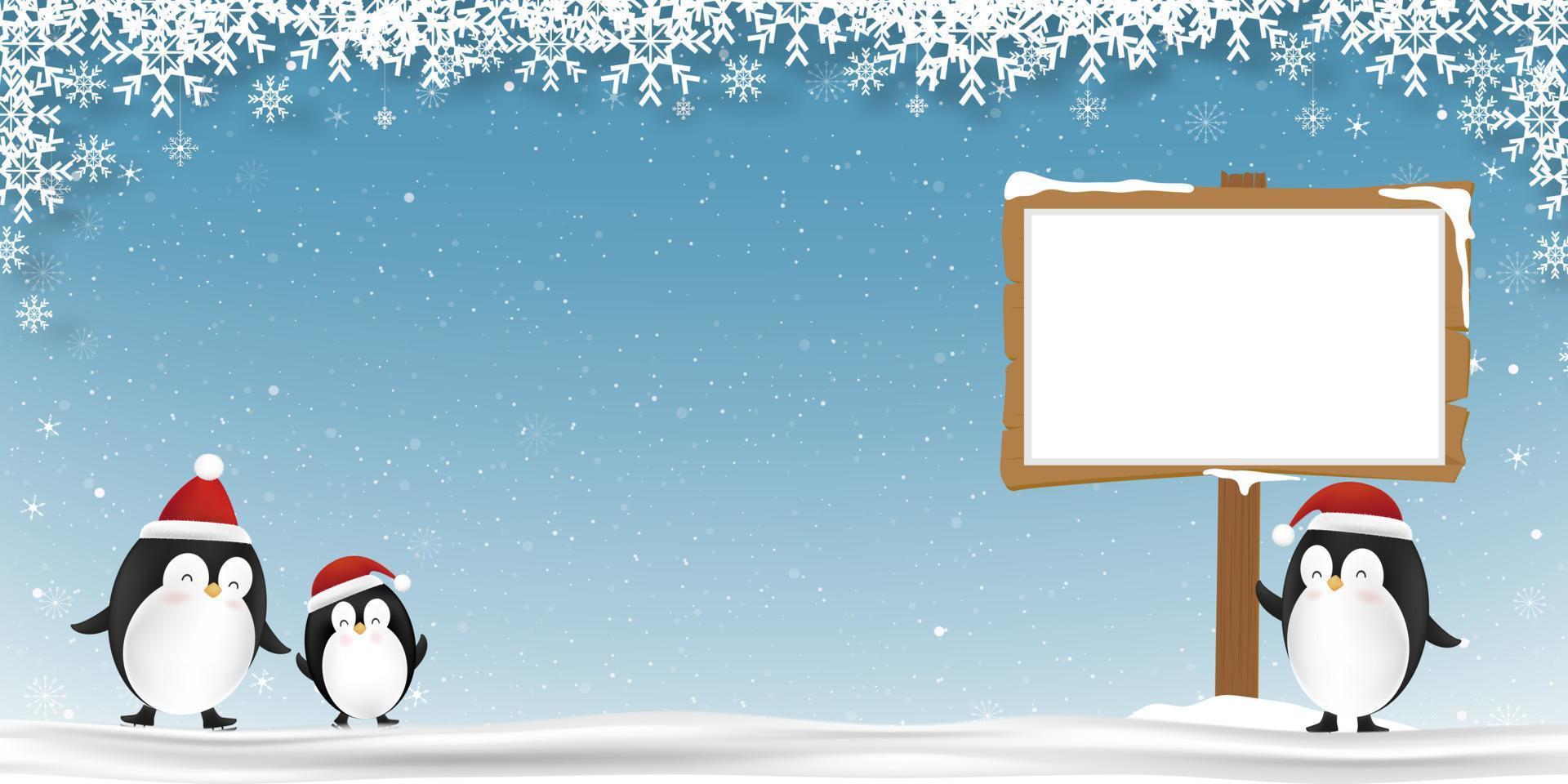 Winterszenengruppe süßer Pinguine, die mit Holzschild stehen, Vektor-lustige Pinguin-Cartoon-Figur mit rotem Weihnachtshut, die Eislaufen auf Schnee, Weihnachten und Neujahr 2023-Grußkarte spielt vektor