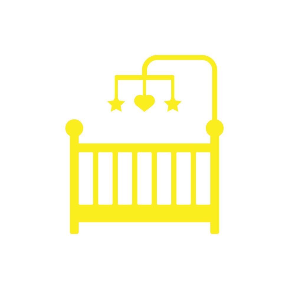 eps10 gelber Vektor Babybett oder Kinderbett mit hängendem Spielzeugsymbol isoliert auf weißem Hintergrund. Babybett-Symbol in einem einfachen, flachen, trendigen, modernen Stil für Ihr Website-Design, Logo und mobile App