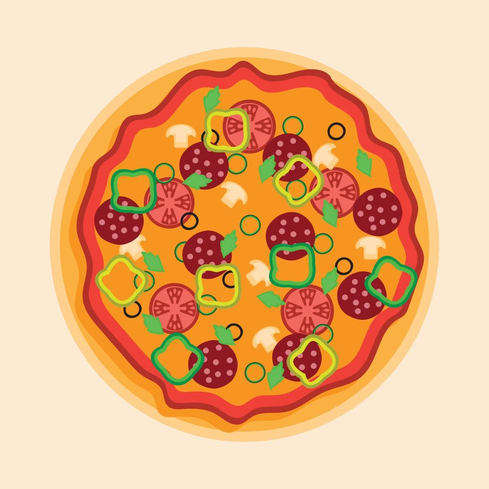 illustration einer pizza mit verschiedenen belägen aus rindfleisch, tomaten, zwiebeln, pilzen und paprika vektor