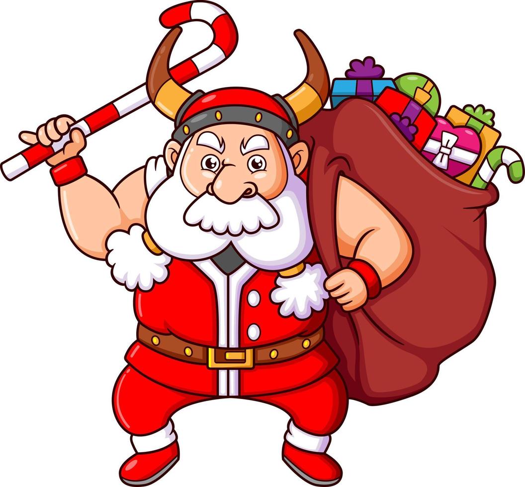 der Wikinger-Weihnachtsmann hält die Zuckerstange und den großen Geschenksack vektor