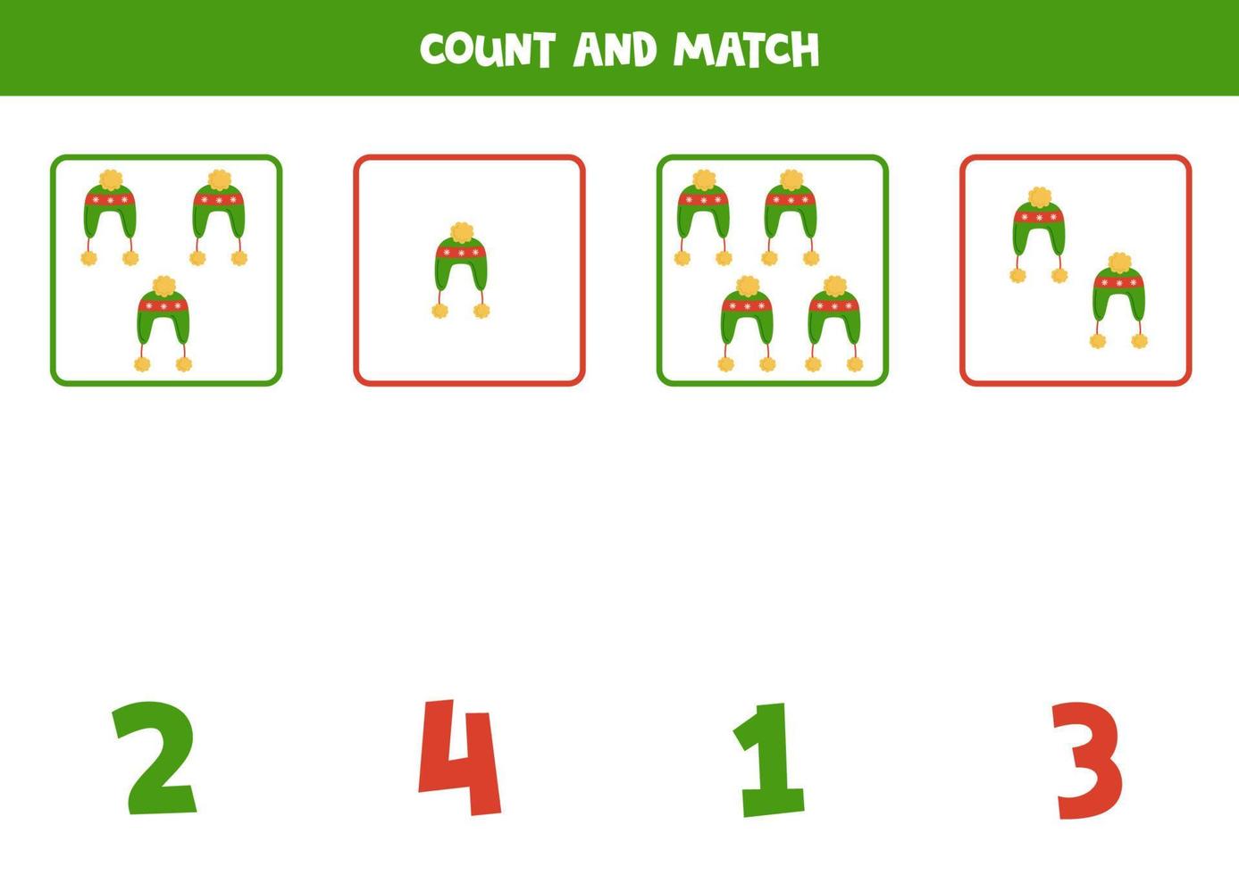 Zählspiel für Kinder. Zähle alle Wintermützen und verbinde sie mit Zahlen. Arbeitsblatt für Kinder. vektor
