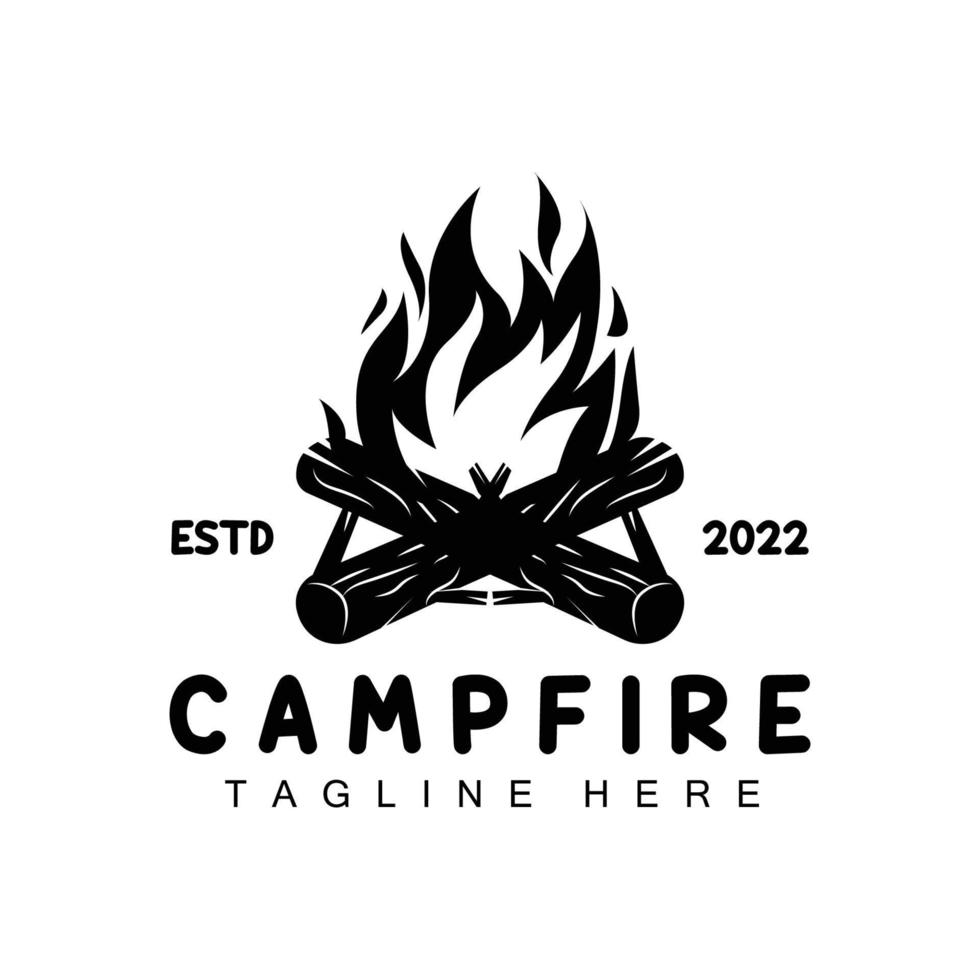 lägereld logotyp design, camping vektor, trä brand och skog design vektor