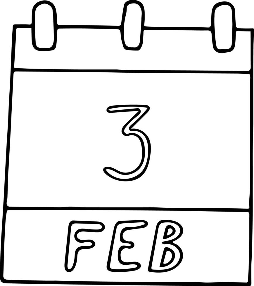 kalender hand dras i doodle stil. 3 februari nationella morotskakans dag, datum. ikon, klistermärke element för design. planering, affärssemester vektor