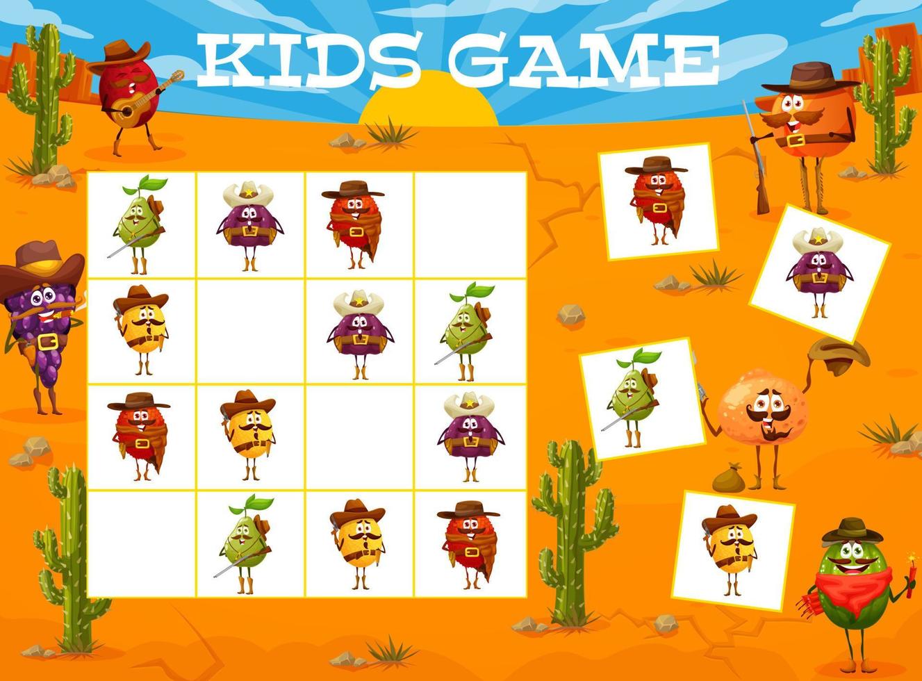 Sudoku-Spiel für Kinder mit Comic-Cowboys und Rangern vektor