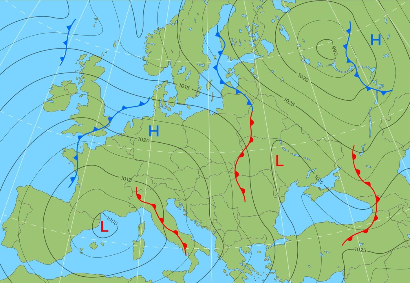 vorhergesagte wetterisobarenkarte oder diagramm von europa vektor