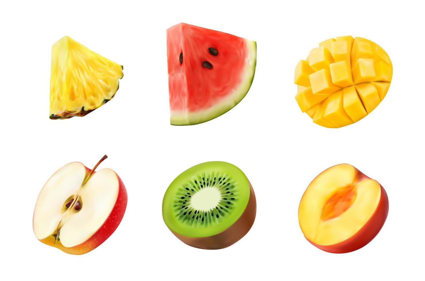 Apfel, Mango, Wassermelone, Ananas, Kiwi, Pfirsich vektor