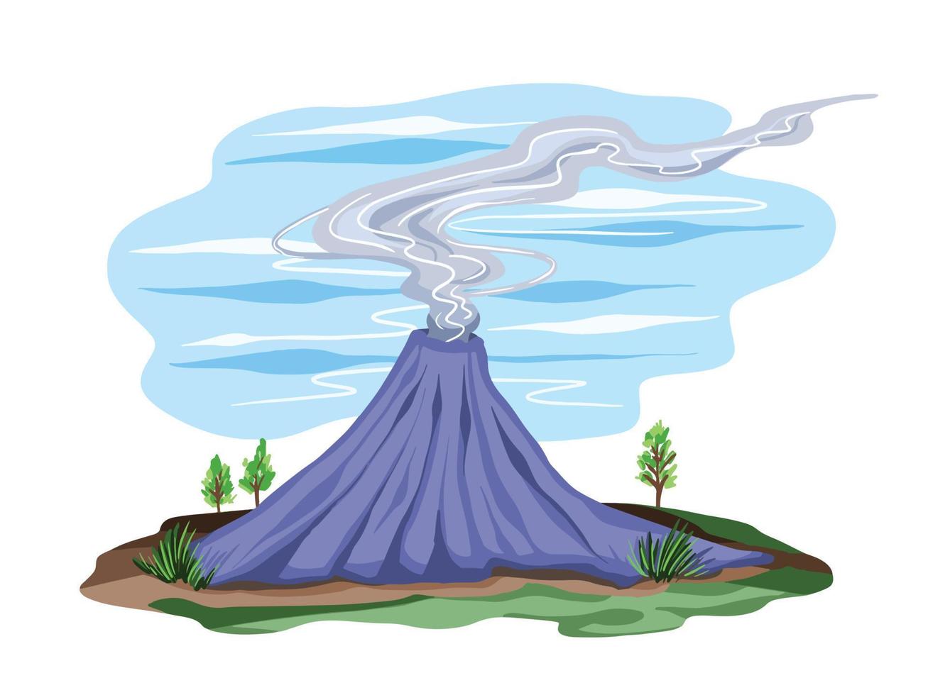 Berg mit Rauch, der von innen kommt, mit Gras und Land, das ihn umgibt. kleine Baum- und Grasdekoration herum. Natur-Vektor-Illustration isoliert auf weißem Hintergrund vektor