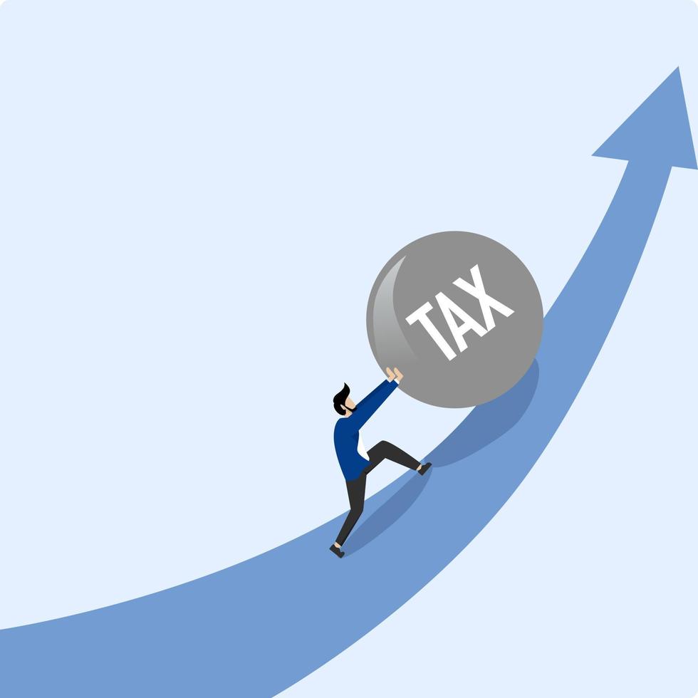 affärsman tryckande hög beskatta, trött affärsman tryckande sten uppför med inskrift beskatta. beskatta tid beskatta börda och skattebetalare finansiera begrepp. modern vektor illustration