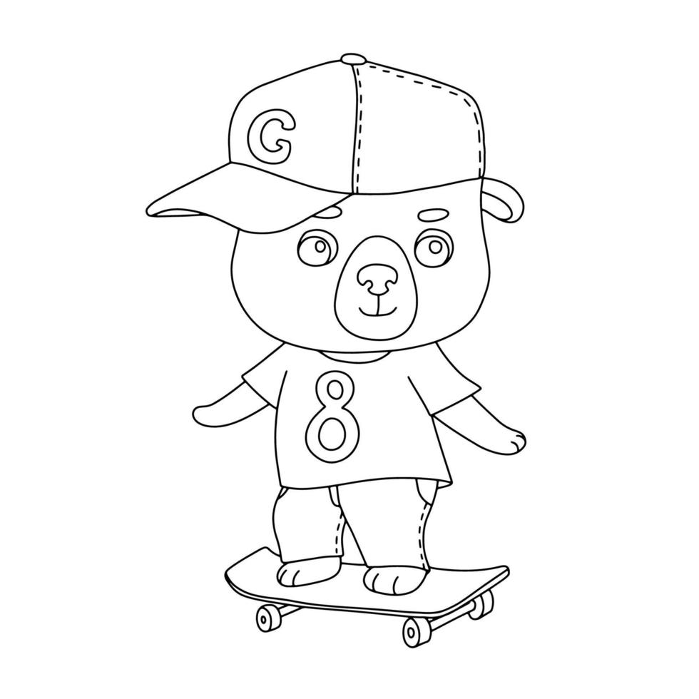 süßer Bärenjunge, der Skateboard fährt. cooler kerl tierbär in kappe isoliert auf weiß. vektorumrissillustration für malbuch vektor