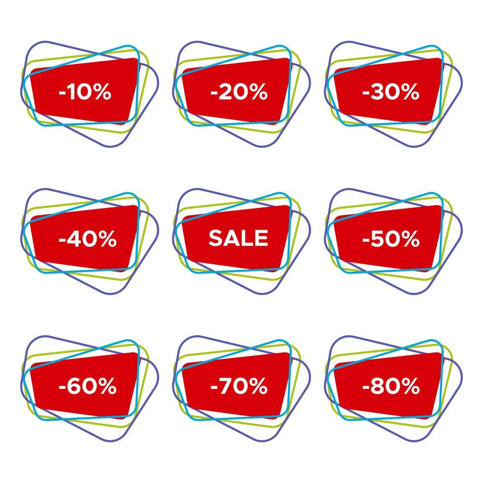 Satz von neun Verkaufsaufklebern mit unterschiedlichen Rabattwerten. Vorlage für Verkaufsetiketten. Vektor-Illustration vektor