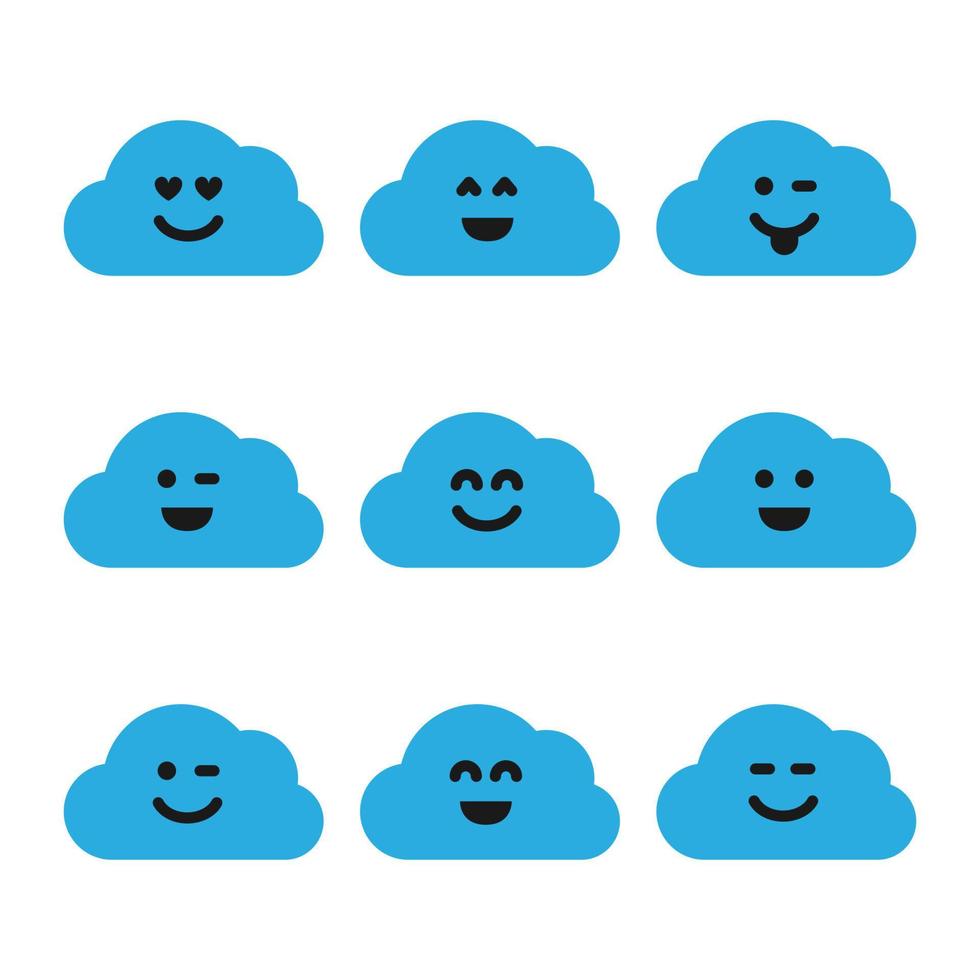 Satz Wolken mit einem Lächeln. neun blaue Wolken mit verschiedenen Smileys. Vektor-Illustration vektor