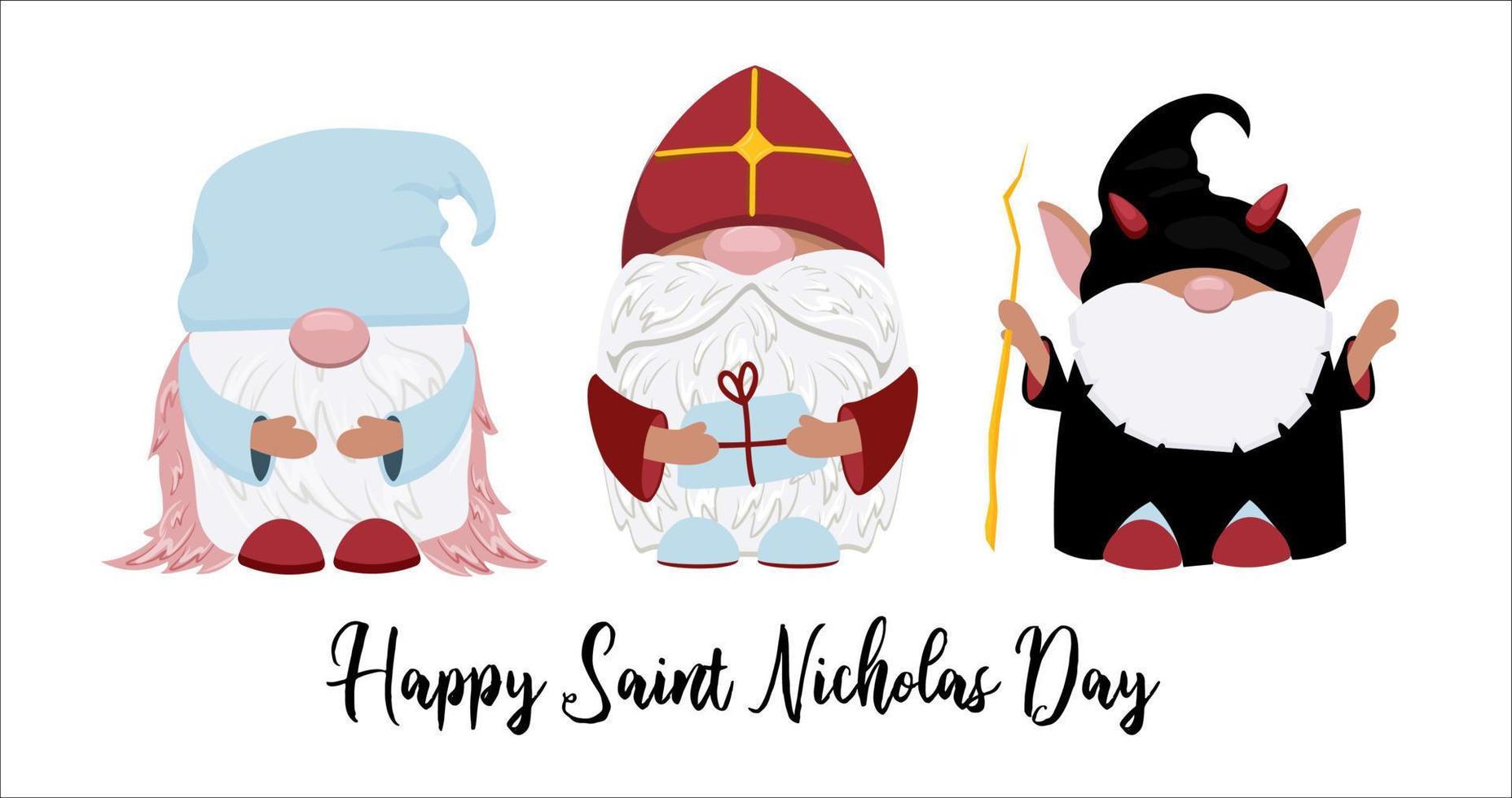 ein alter mann, krampus und ein engel in bunten kostümen feiern die holländischen feiertage - st. nikolaus day.vector illustration isoliert vektor