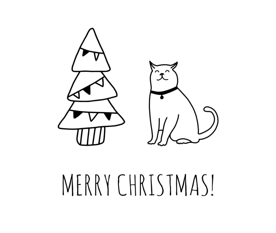 süße Katze und Weihnachtsbaum-Symbol isoliert auf weißem Hintergrund. frohe weihnachten grußkartenvorlage. Gekritzel-Umrisszeichnung. vektor