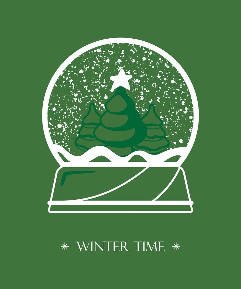 kristall boll emblem, snö klot översikt form, gran träd inuti, faller snö, Semester dekoration, enkel vektor skriva ut. jul firande kort.